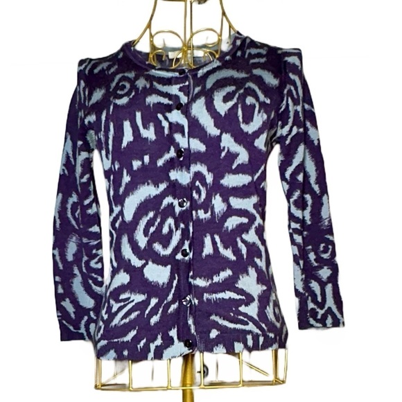Boden 100% Wool Button-Up Cardigan in Purple & Blue Swirls w/ Suede Placket, 6 - Picture 2 of 16
